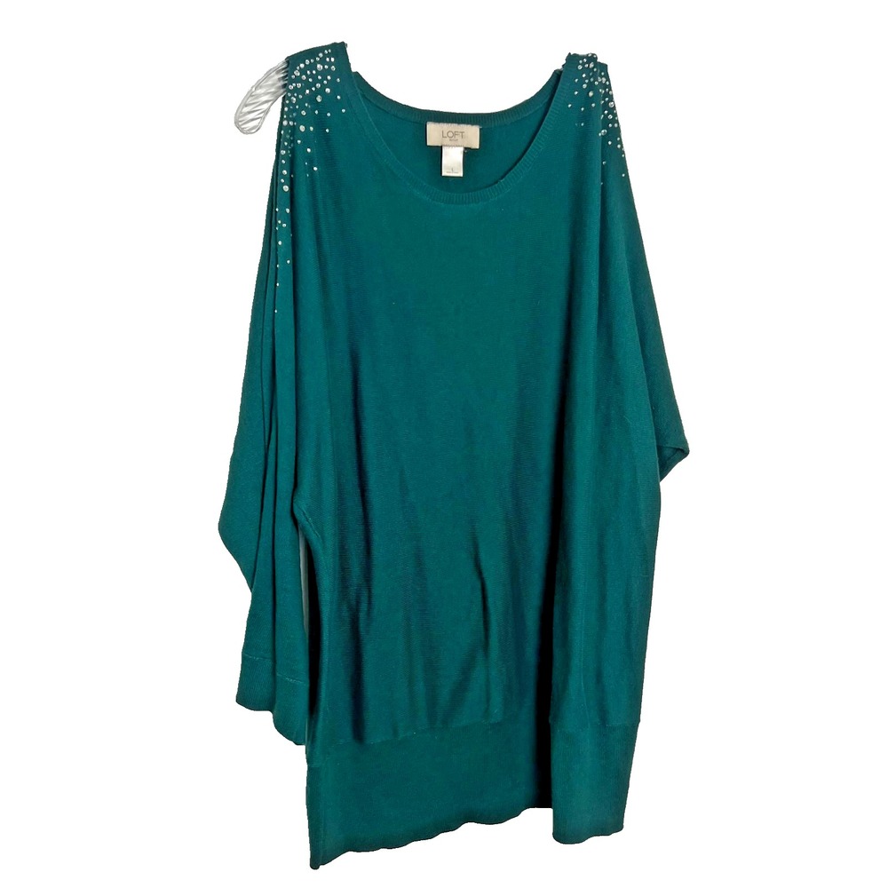 Loft Cold Shoulder Sweater Dark Kelly Green Sweater Rhinestones Sz Large Holiday